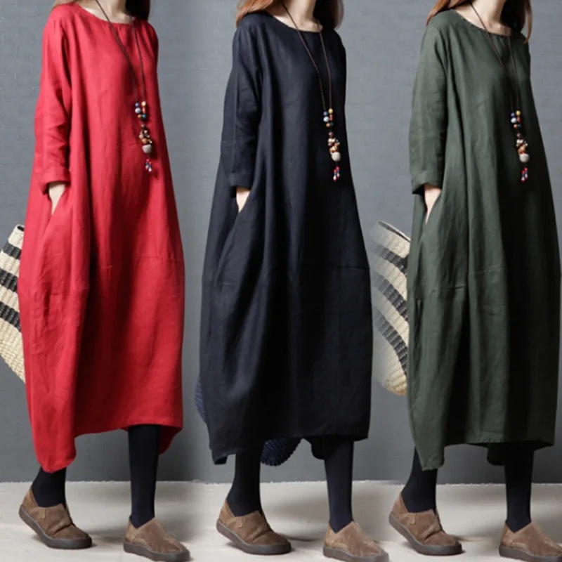 Robes pour femmes 2026 Nouvelle collection Printemps-Automne, amples, col rond, en coton et lin, manches longues, vêtements pour femmes, vestidoes
