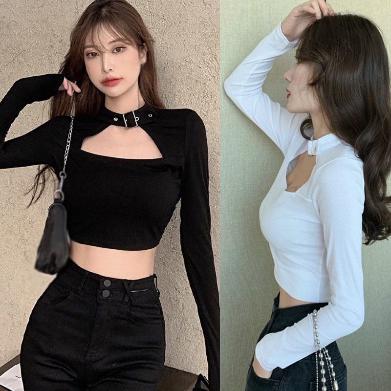 Automne Sexy femmes t-shirt licou boucle cou chemises à manches longues haut court Streetwear basique t-shirt dames t-shirts serrés chemises