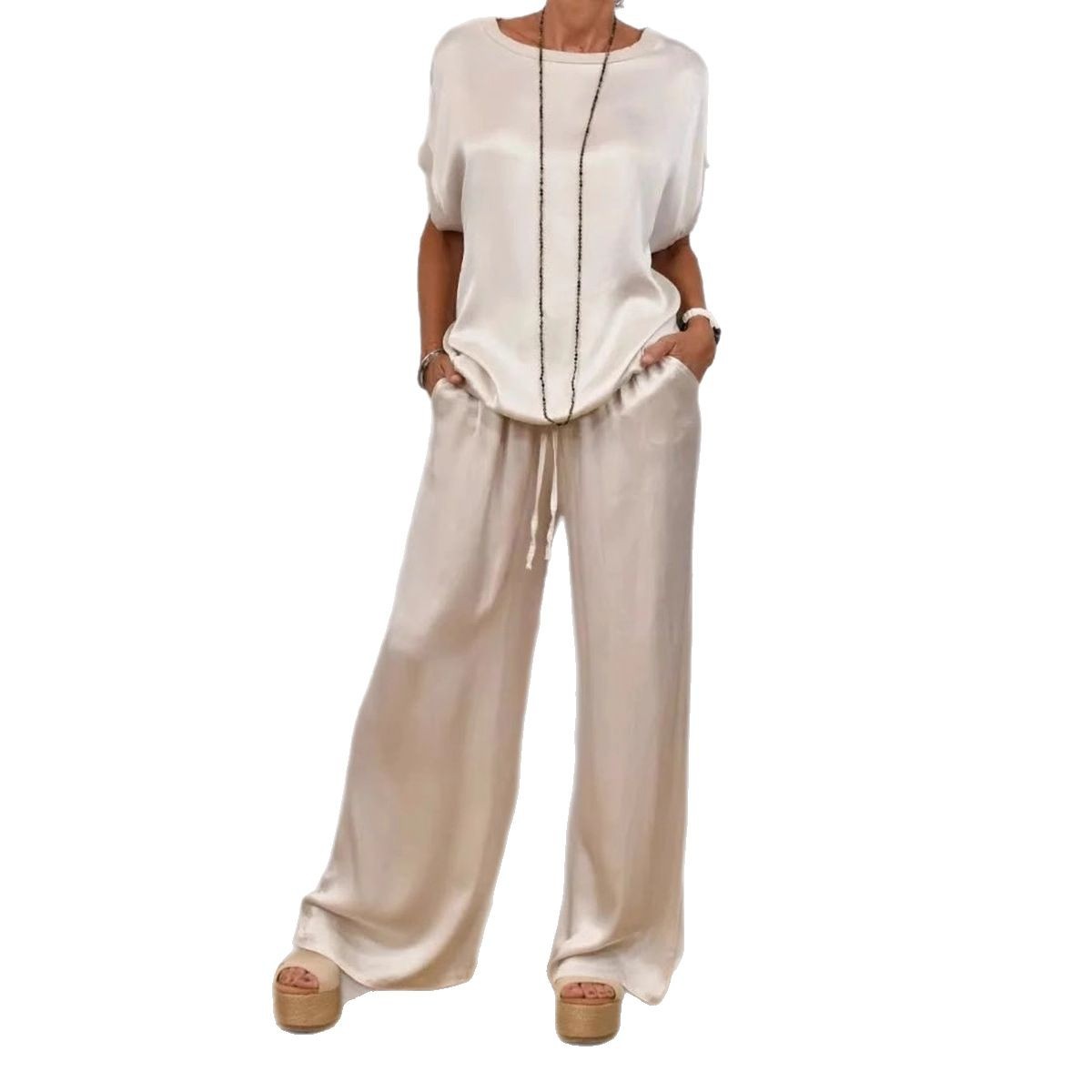 Ensemble deux pièces en Satin pour femmes, t-shirt et pantalon amples, décontracté, à la mode, col rond, manches courtes, costume printemps été, jambes larges
