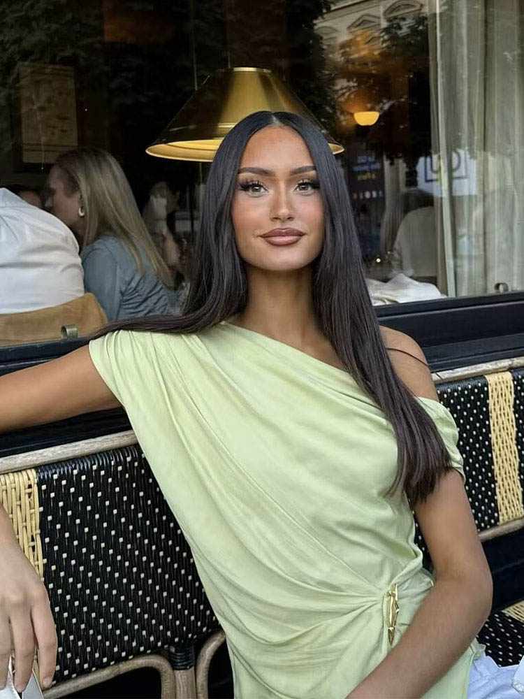 HH femmes mode d'été Sexy soie Segment Texture asymétrique haut sans manches femme élégant polyvalent or incrusté haut plissé