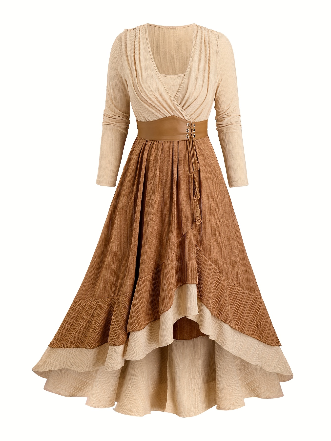 Robe grande taille pour femmes, mode européenne et américaine, avec patchwork, cravate, corde de chanvre, poches à pompons, ourlet à volants et nervuré