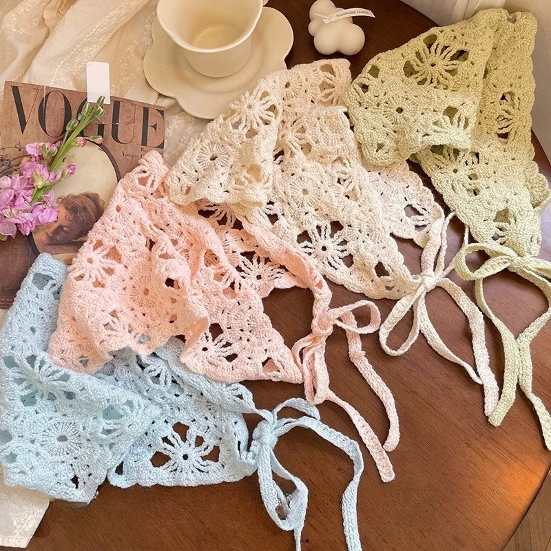 Foulard tricoté tendance, style pastoral français, bandeau triangulaire, bandeau au crochet fait main, foulard rétro à fleurs