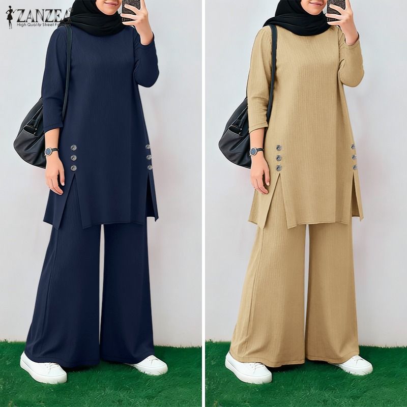 Ensemble élégant 2 pièces pour femme musulmane ZANZEA – Tenue de Ramadan avec hauts à manches longues col rond et pantalon large – Survêtement Hijab Dubaï
