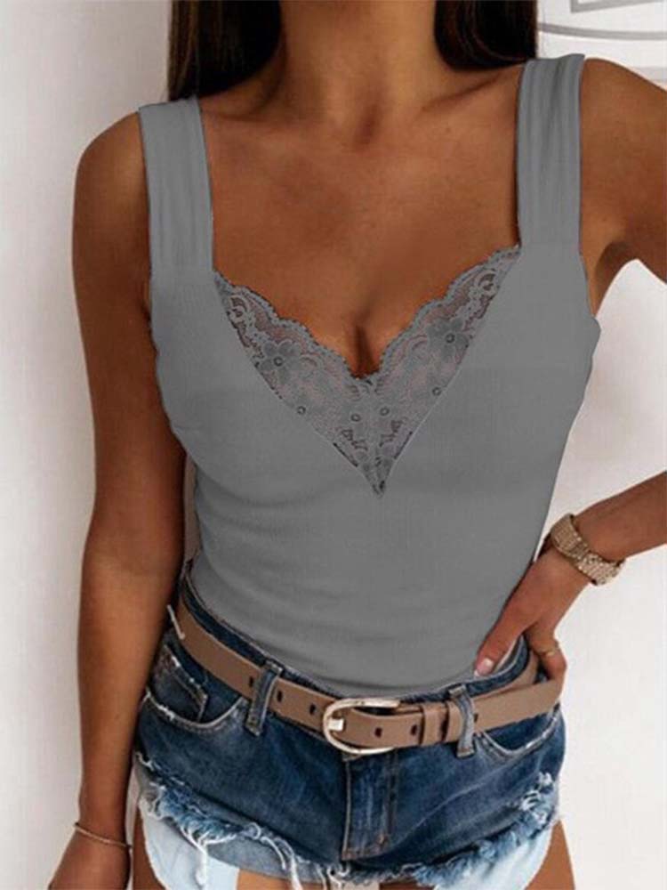 Femmes col en v profond dentelle gilet Sexy T-shirt coupe ajustée haut monochromatique mode été 2024