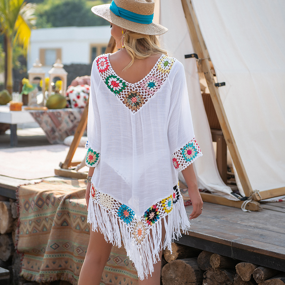 CROCHET BIKINI blanc Bikini couvrir avec frange garniture femmes Sexy creux tunique robe de plage été maillot de bain maillots de bain
