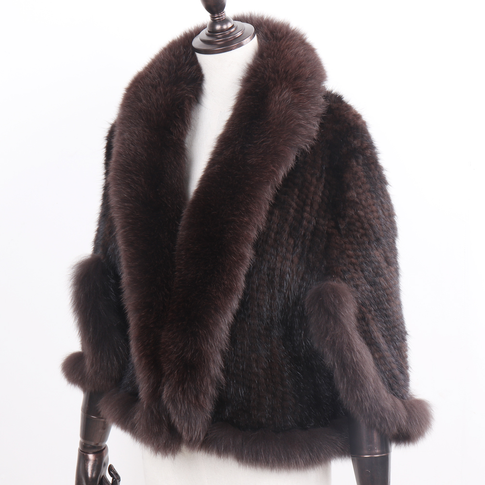 Nouveau véritable fourrure de vison naturelle Pashmina femmes mode tricoté écharpe de fourrure de vison dame vraie fourrure de vison et col de fourrure de renard Poncho châle