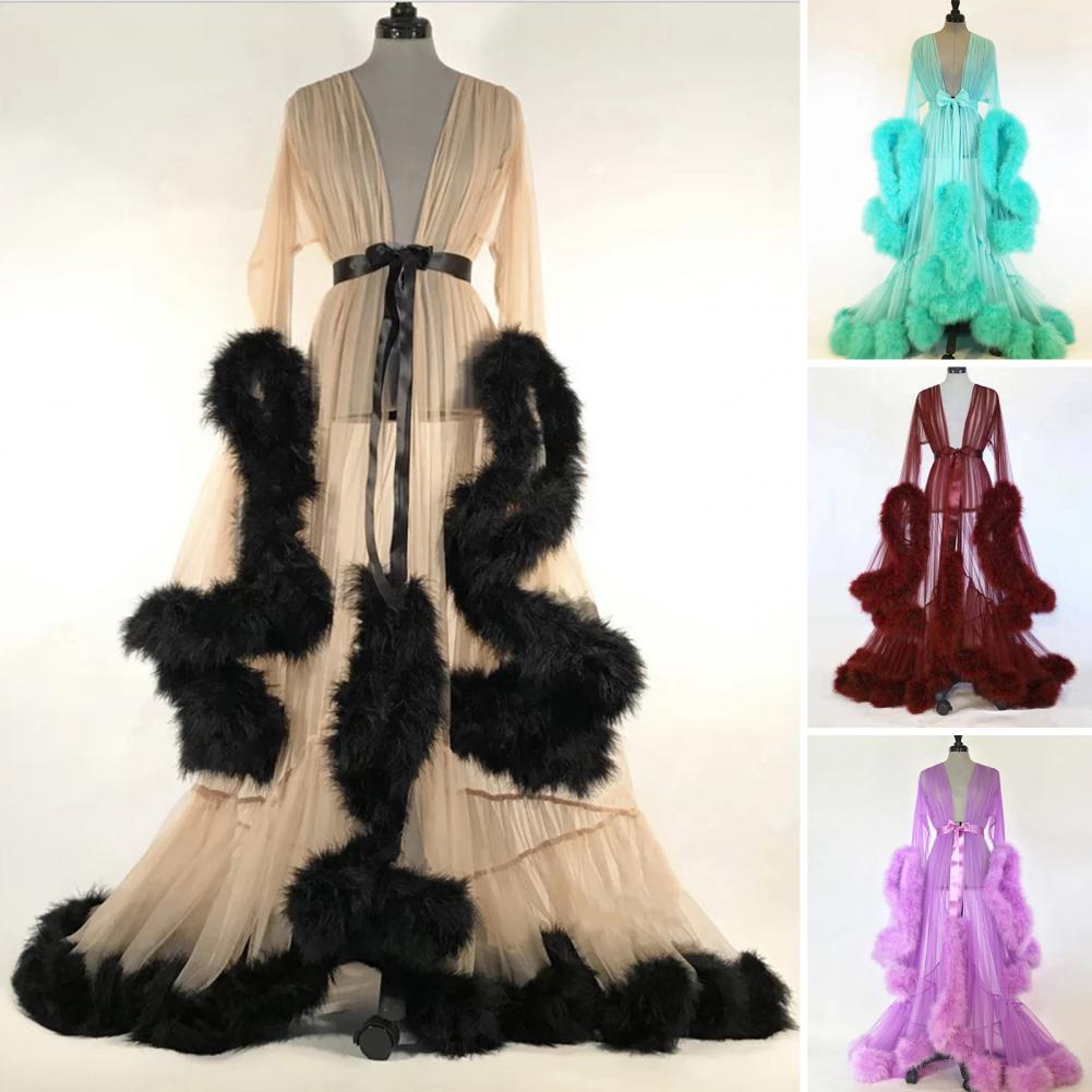 Robe Kimono d'été pour femme en tulle transparent, col en V, manches longues, longueur ras du sol, robe de nuit, peignoir de nuit pour lune de miel, robe de chambre