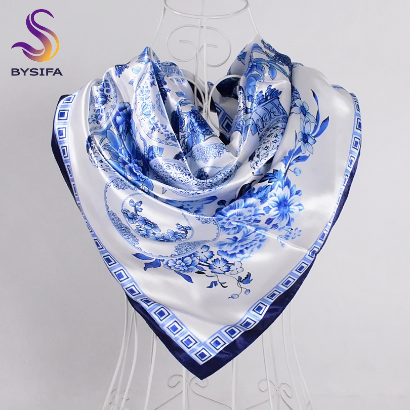 BYSIFA – écharpe en Satin de soie rose pivoine chinoise pour femmes, Cape, bleu marine, élégante pour le cou et la tête, printemps automne, 2017