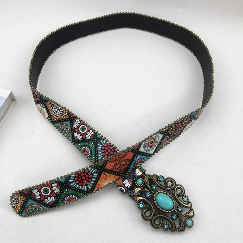 Ceinture à boucle turquoise perlée imprimée de style bohème européen et américain – Ceinture de taille pour femme tendance, polyvalente et à la mode