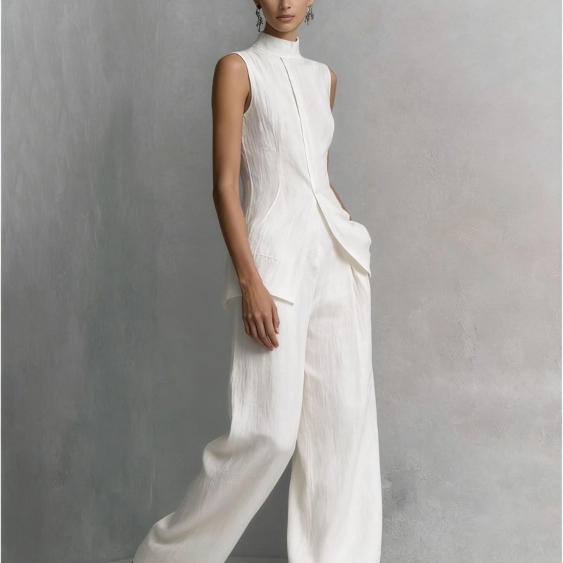 Nouvel ensemble de costume en coton et lin uni pour femme : haut sans manches à col roulé et pantalon taille haute, tenue ample boutonnée printemps-été