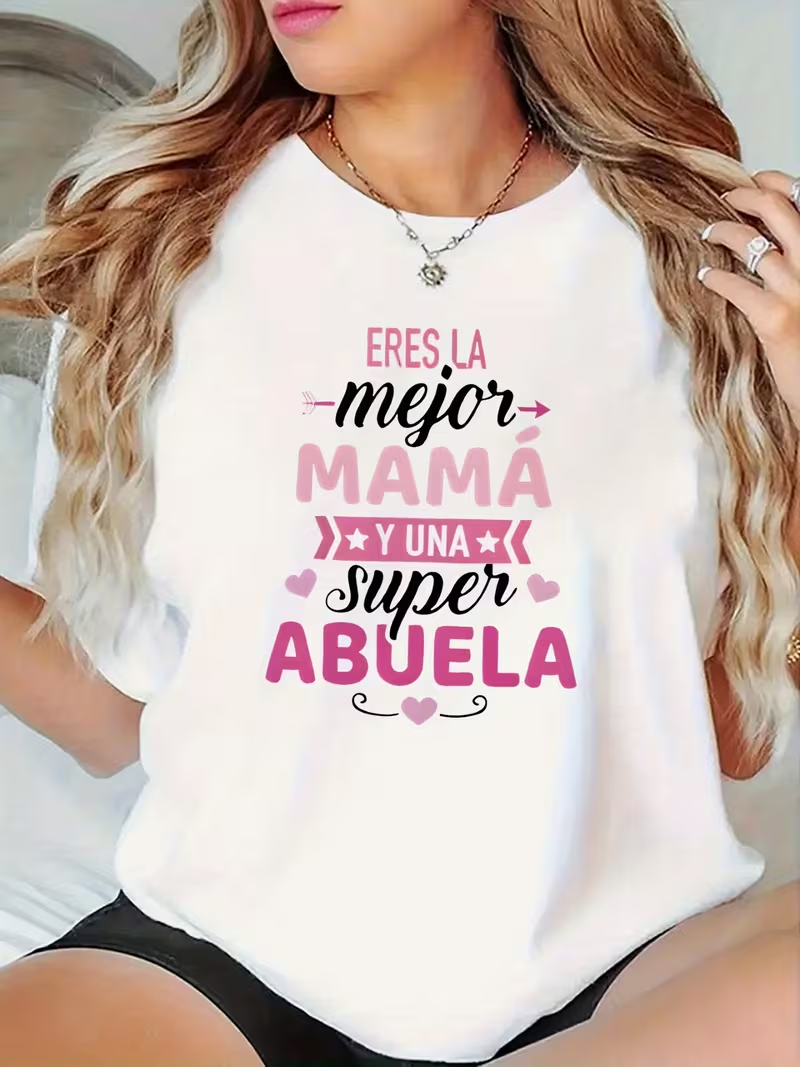 T-shirt décontracté à manches courtes pour femme, léger et confortable, avec texte en espagnol, idéal pour les réunions de famille et le quotidien