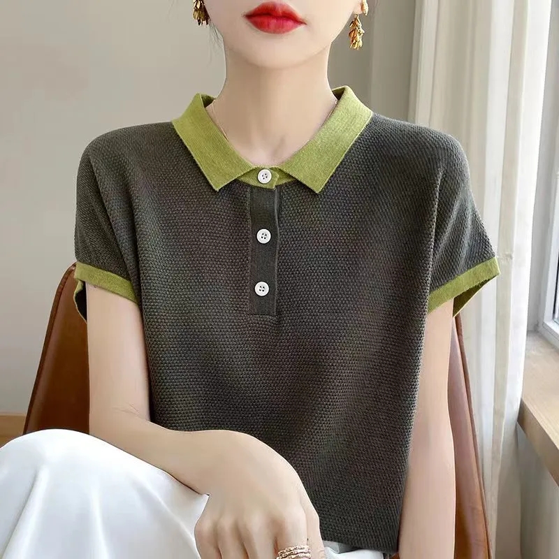 T-shirt femme 2025 été mode réduction de l'âge dame T-shirt tempérament Version coréenne col POLO dames hauts tricotés