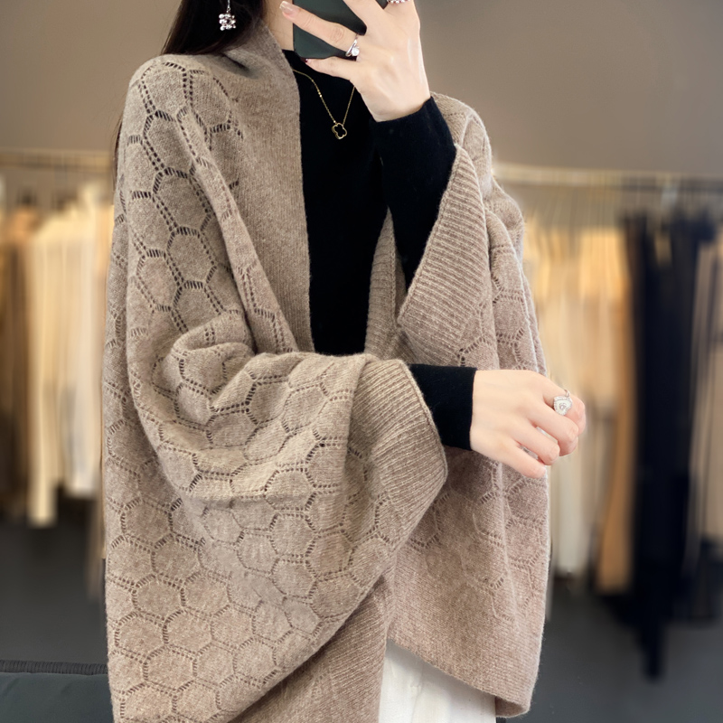 Cardigan en laine mérinos 100% pour femmes, nouvelle mode printemps, doux et élégant, écharpe tricotée ajourée, design sphérique, châles de style coréen