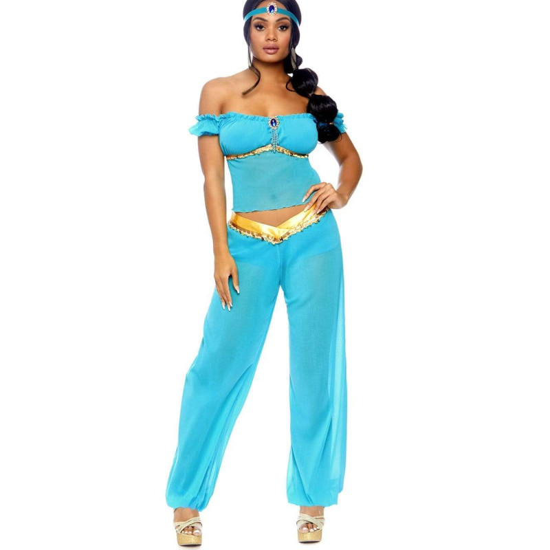 Costume de princesse arabe Jasmine pour femme, haut en maille transparente à épaules dénudées, pantalon ample de style Harem, ensemble avec bandeau, tenue de cosplay pour Halloween