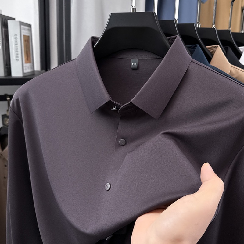 Chemise d'affaires homme 2026 nouvelle collection en mélange de soie, chemise formelle ajustée à col montant en soie, chemise habillée de luxe unie pour homme