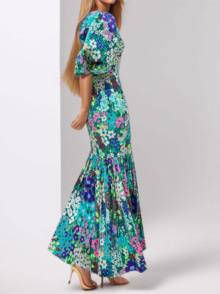 Robe imprimée à la mode pour femmes, décontractée, col rond, manches bouffantes, taille haute, vêtements de fête élégants, nouvelle collection été