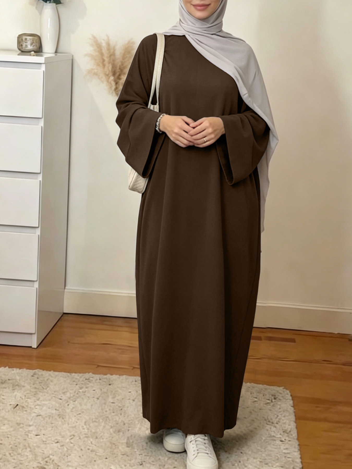 Robe Abaya musulmane pour femmes, couleur unie, ample, manches longues, robe maxi décontractée, kaftan islamique, robe de prière modeste