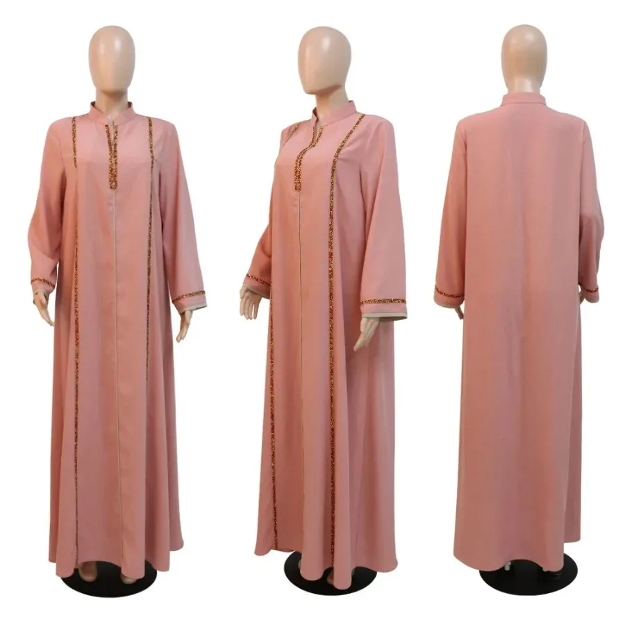 Robe Abaya Marocaine pour Femme, Maxi Robe à Col Montant et Manches Longues, Coupe Ample, avec Bordure Diamantée, Automne 2026, Style Oman, Turquie, Dubaï, Robe Musulmane
