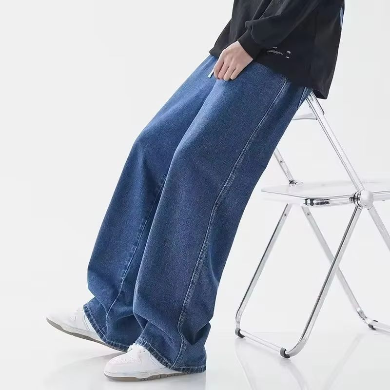 Jean ample en polaire pour hommes, taille élastique, jambes larges, pantalon en Denim Y2K, droit et confortable, vêtements de marque, hiver