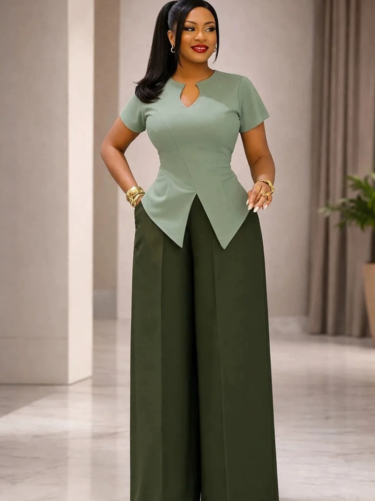 Ensemble élégant 2 pièces pour femme style africain : haut ajusté et pantalon large – Tenue professionnelle estivale pour femme – Ensembles assortis pour le quotidien