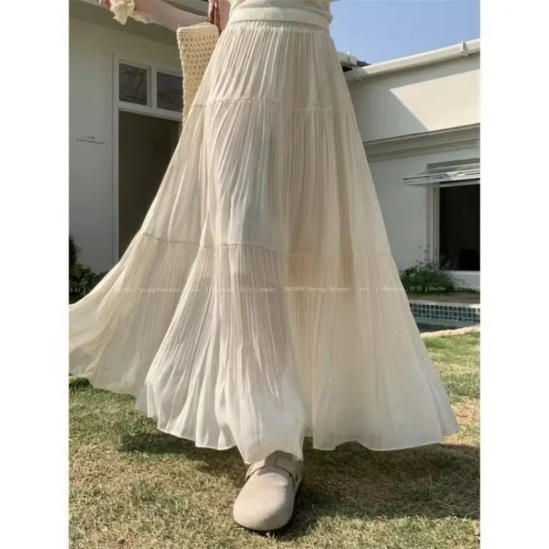 Nouvelle jupe plissée trapèze longue taille haute en gaze fine pour femme, collection Printemps-Été 2025 – Chic et élégante