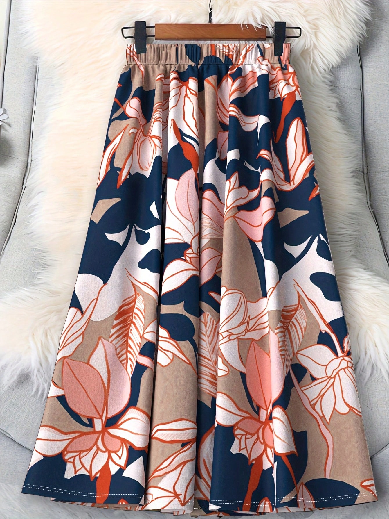 Jupe mi-longue à taille haute élastique à imprimé floral pour femmes, jupe plissée fluide, style bohème vintage élégant pour le bureau, printemps-été