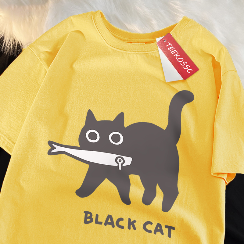 Amusant un chat noir mangeant du poisson Style japonais hommes femmes T-Shirt mode impression T-Shirt respirant surdimensionné T-Shirts vêtements en coton