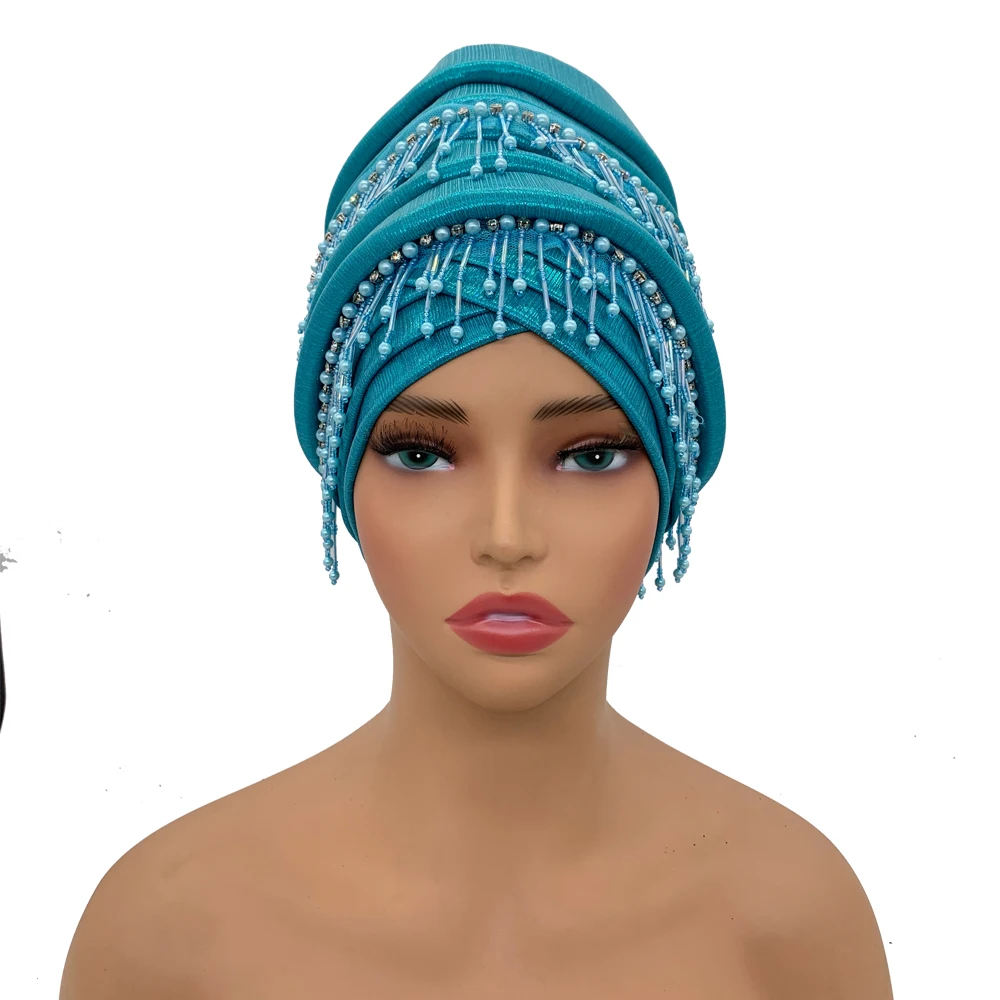 Turban Africain Élégant avec Glands et Perles pour Femme, Cravate de Sauna