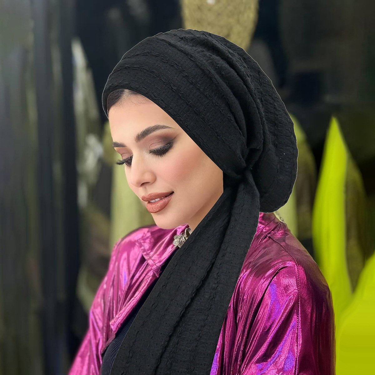 Chapeaux Hijab Turban Plissé Couleur Unie Ramadan, Foulards à Longue Queue, Chapeaux Musulmans Extensibles Doux, Bonnets Chimio Respirants pour Femmes et Filles