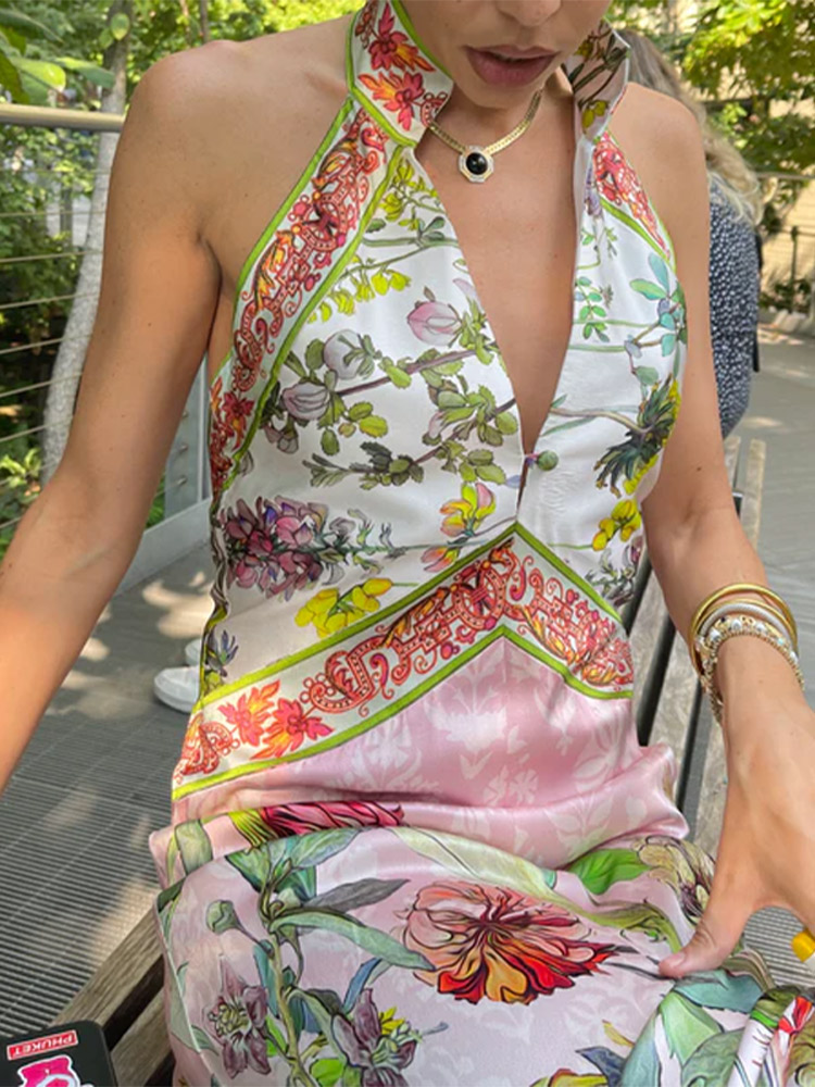 Robe longue imprimée pour femmes, col en v profond, sans manches, dos nu, taille cintrée, robes de soirée élégantes, été 2025