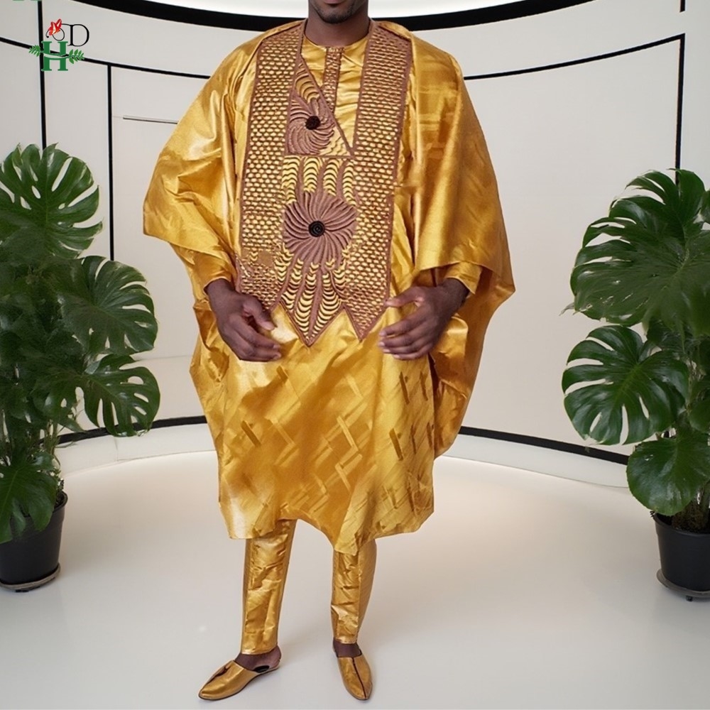 Robes africaines assorties jaunes pour couple, tenue traditionnelle Bazin Riche brodée pour homme, robe turque pour femme, robe de soirée de mariage
