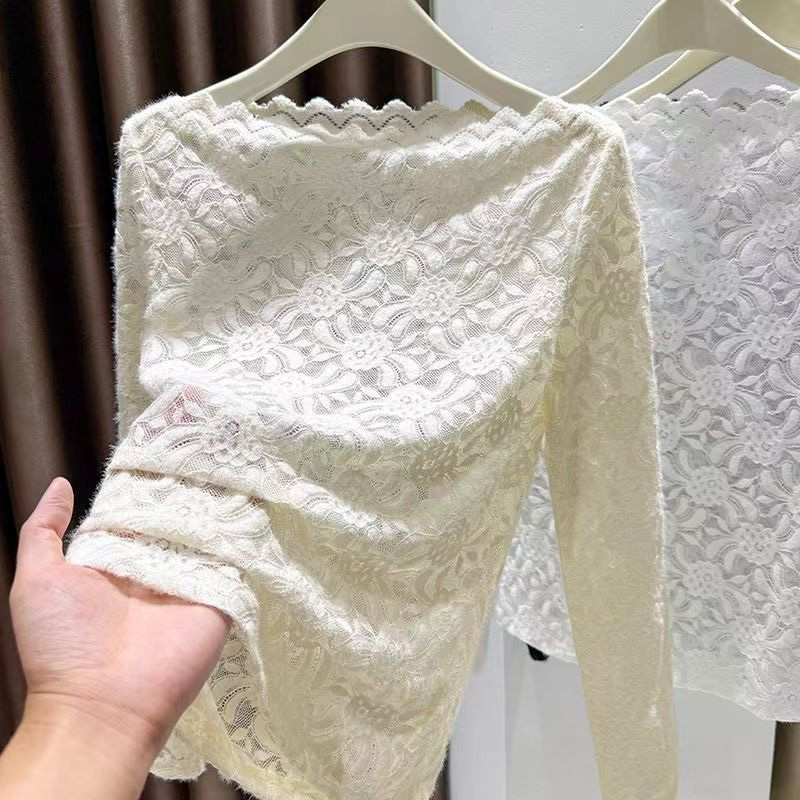 Femmes Sexy couverture en dentelle à manches longues vêtements intérieurs maille voir à travers la chemise en dentelle Base 2025 automne hiver haut Vintage bas blanc Blouse