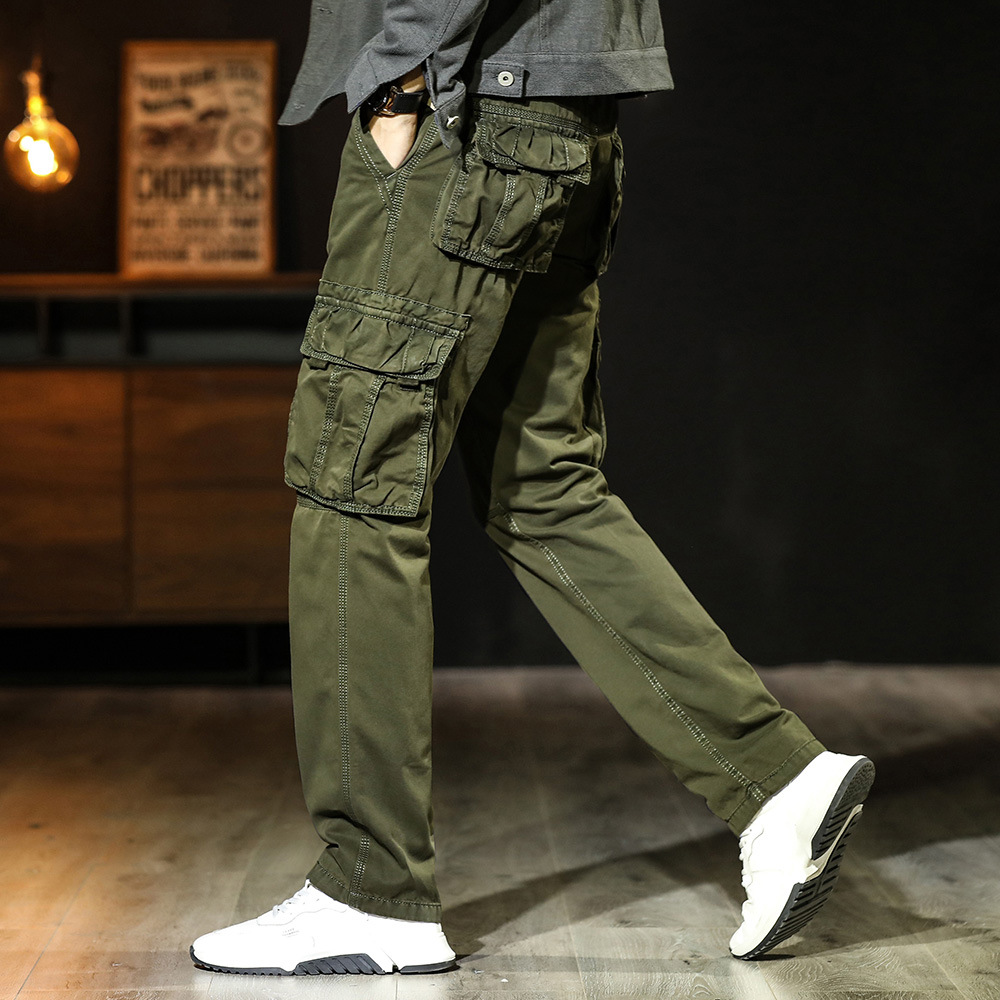 Pantalons décontractés hommes jambe droite coton Cargo pantalon mâle Multi poche travail vêtements de pêche Style militaire été printemps kaki noir