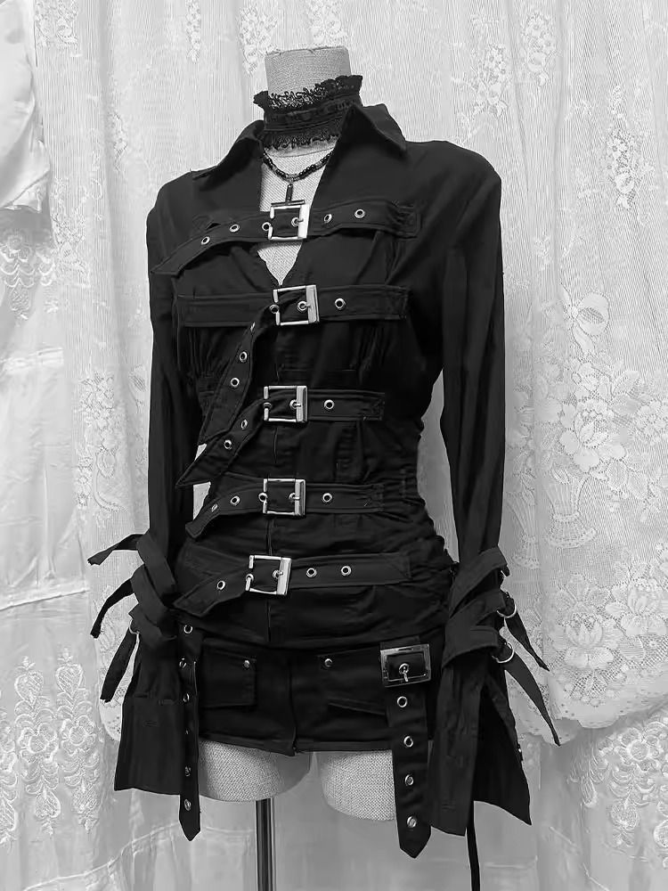 Veste noire à manches longues style gothique coréen, coupe ajustée rétro, streetwear pour femme, haut américain asymétrique élégant, vintage sombre