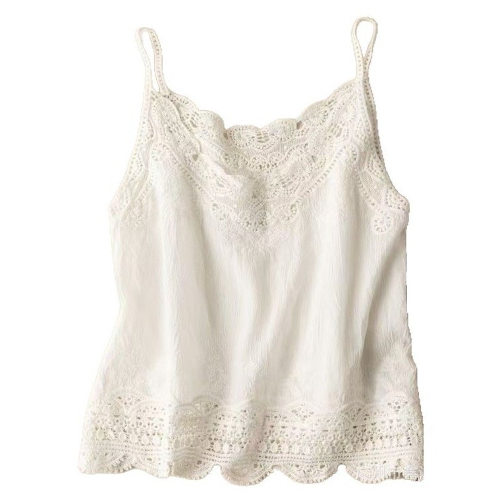 Vêtements de plage style vacances, style bohème, débardeur, camisole d'été douce à bords en dentelle, haut sans manches ample en coton à col en V, style français