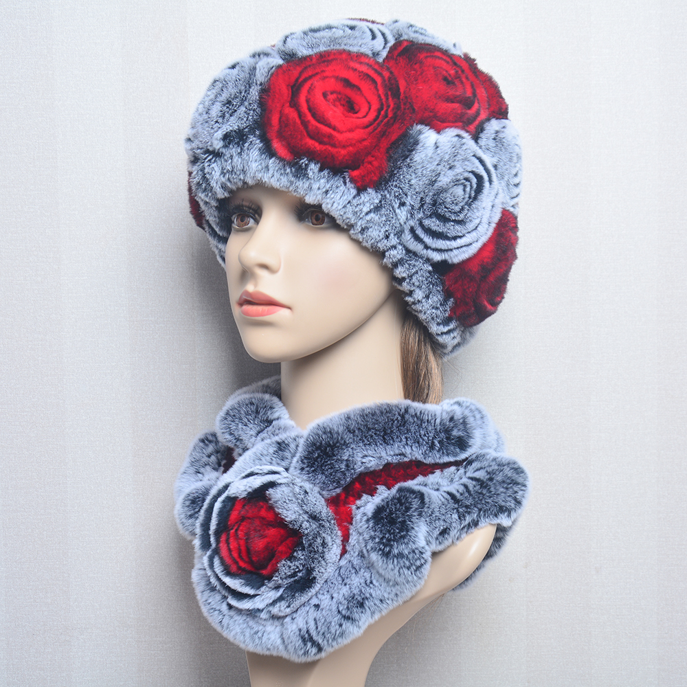 Nouveau femmes hiver fourrure chapeau écharpe ensembles naturel chaud réel Rex lapin fourrure casquette foulards dame tricoté chaud 100% véritable fourrure chapeaux silencieux