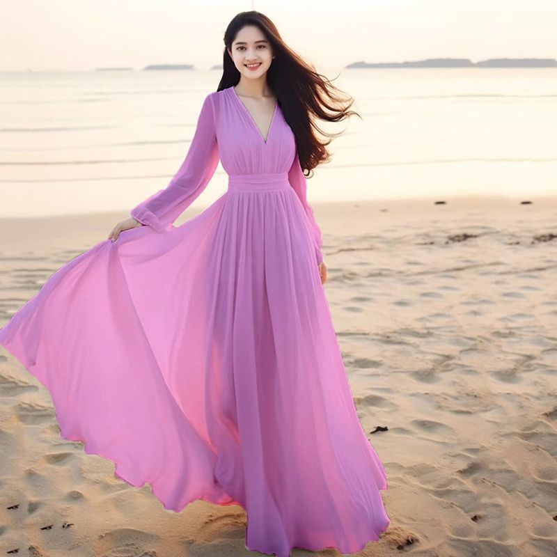 Robe de plage en mousseline de soie pour femmes, nouvelle collection printemps été, manches longues, Sanya, vacances à la plage, élégante, super féerique, longue, grande balançoire