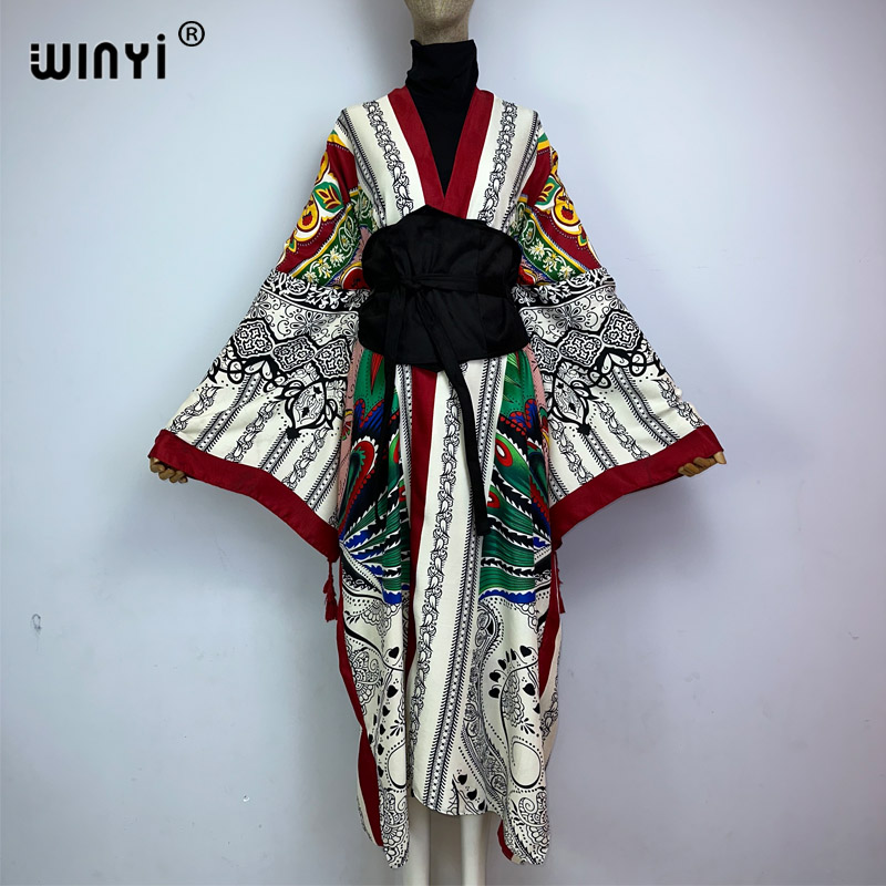 WINYI 2022 Robe chemise mi-longue pour femmes, style kimono, mode vintage, imprimé floral totem, ceinture à la taille, manches longues, décontractée, coupe ajustée, vestidos