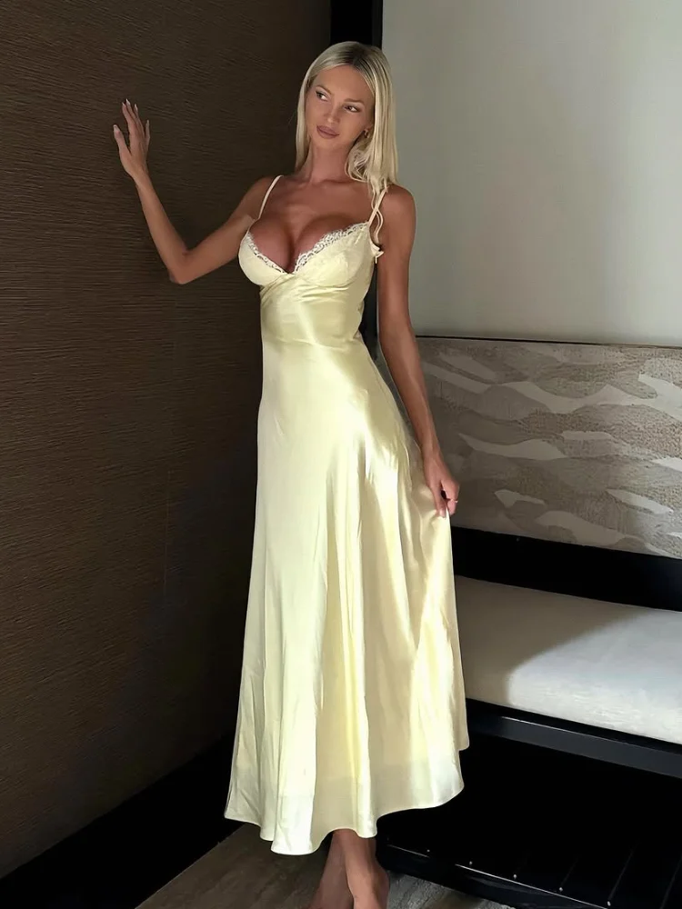 Robe d'été élégante pour femme, dos nu, en dentelle jaune, design croisé, coupe longue et ajustée, style A-line, Y2K, pour les vacances et les voyages, Vestido2026
