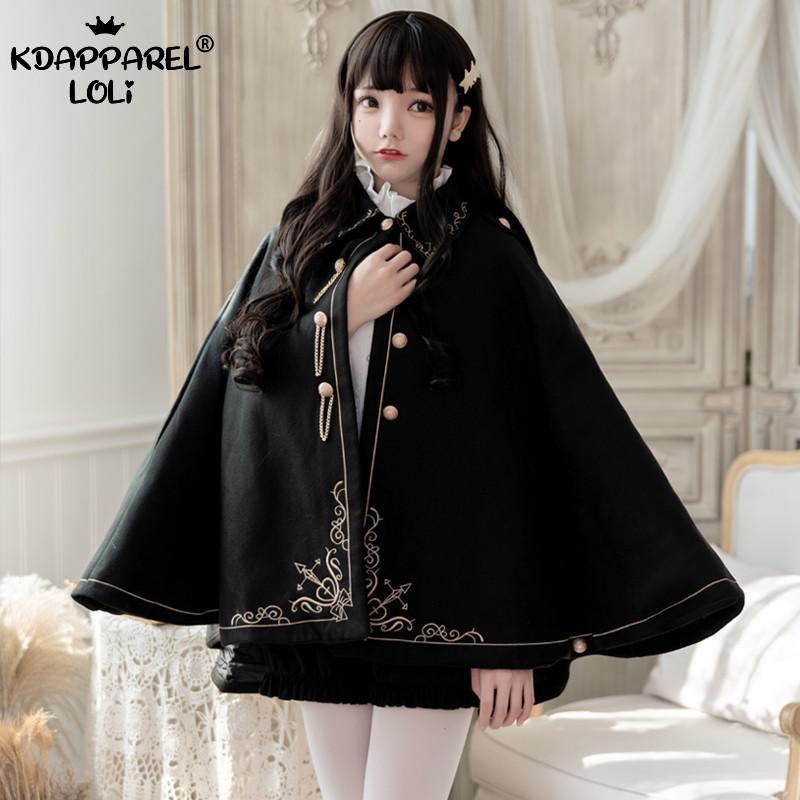 Manteau d'automne en laine pour femmes, Cape noire, Style Preppy, broderie dorée, princesse gothique, école de magie, pour étudiants, nouvelle collection