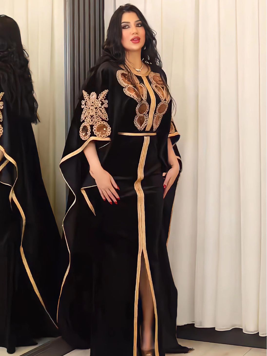 Robe longue marocaine à manches chauve-souris pour le Ramadan, mode musulmane de luxe, robe arabe du Moyen-Orient, paillettes dorées, velours, Turkiye Dubaï