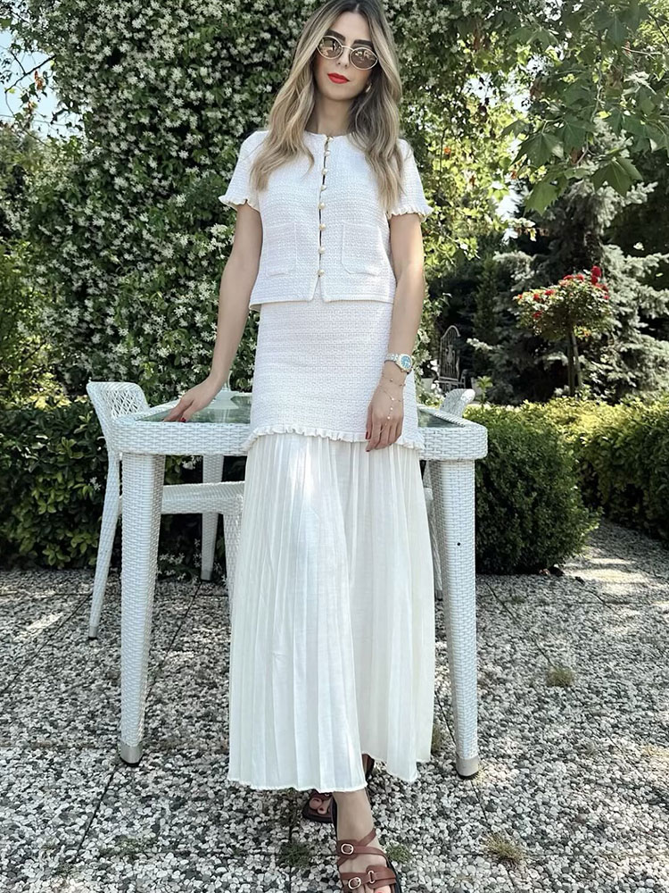 HH femmes élégant solide tricoté jupes ensemble col rond simple boutonnage à manches courtes t-shirts hauts Patchwork jupe bureau dame costumes