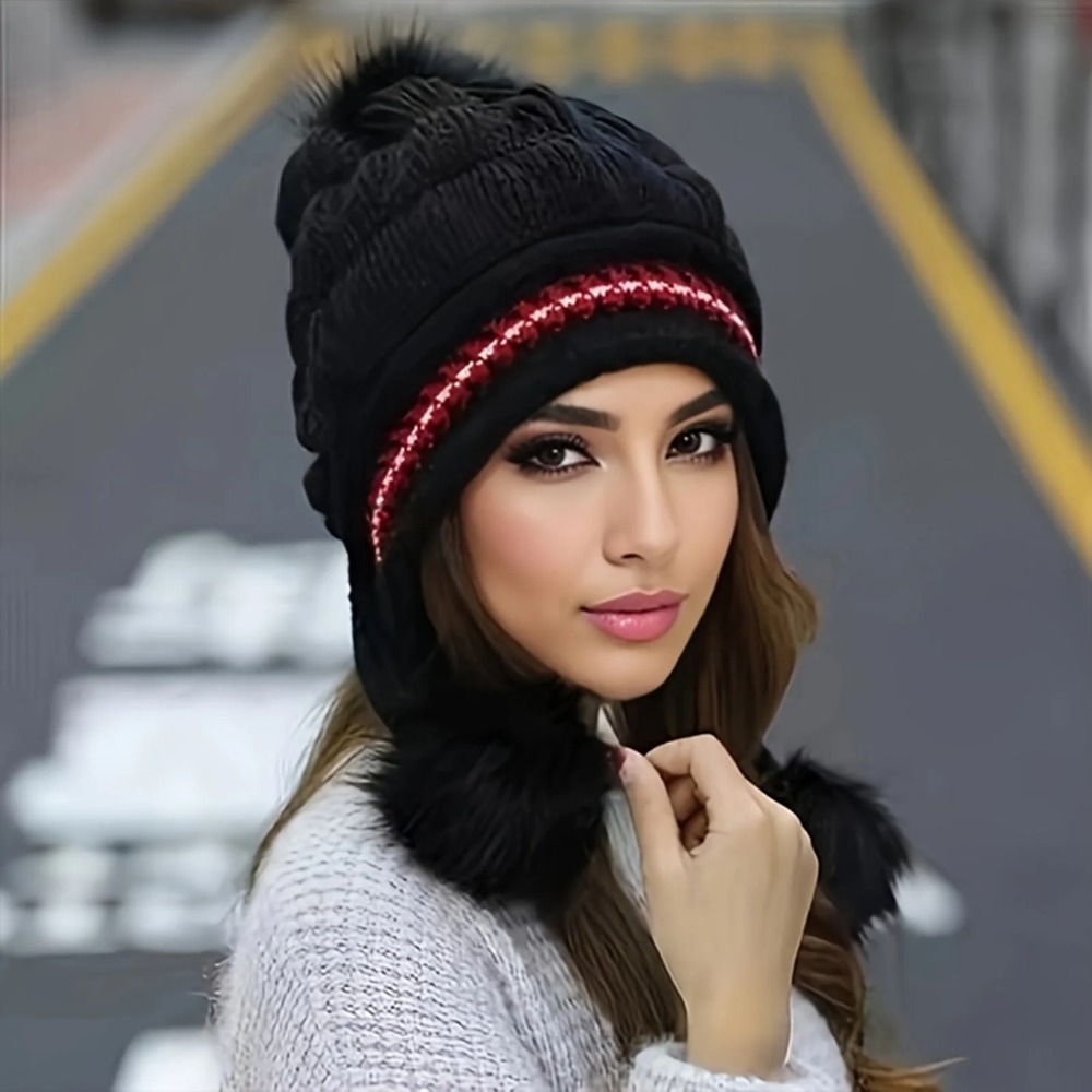 Chapeau d'hiver doux et chaud en fourrure, doublé en polaire, avec rabats d'oreilles pour femmes, bonnet en tricot décontracté, bonnet épais et thermique pour temps froid