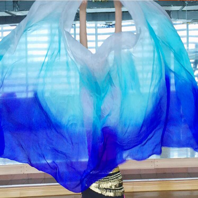 Voile de danse du ventre en soie Pure 100%, écharpe, châle, dégradé de couleur blanc-bleu, 250x114cm, pour femmes, accessoires de spectacle sur scène
