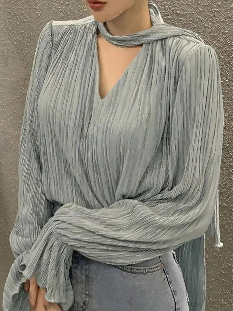 Chemisier plissé à manches longues pour femme, haut basique à col en V à volants, élégant, décontracté, surdimensionné, vêtements de bureau pour femme, cravates de luxe, coréen, chic