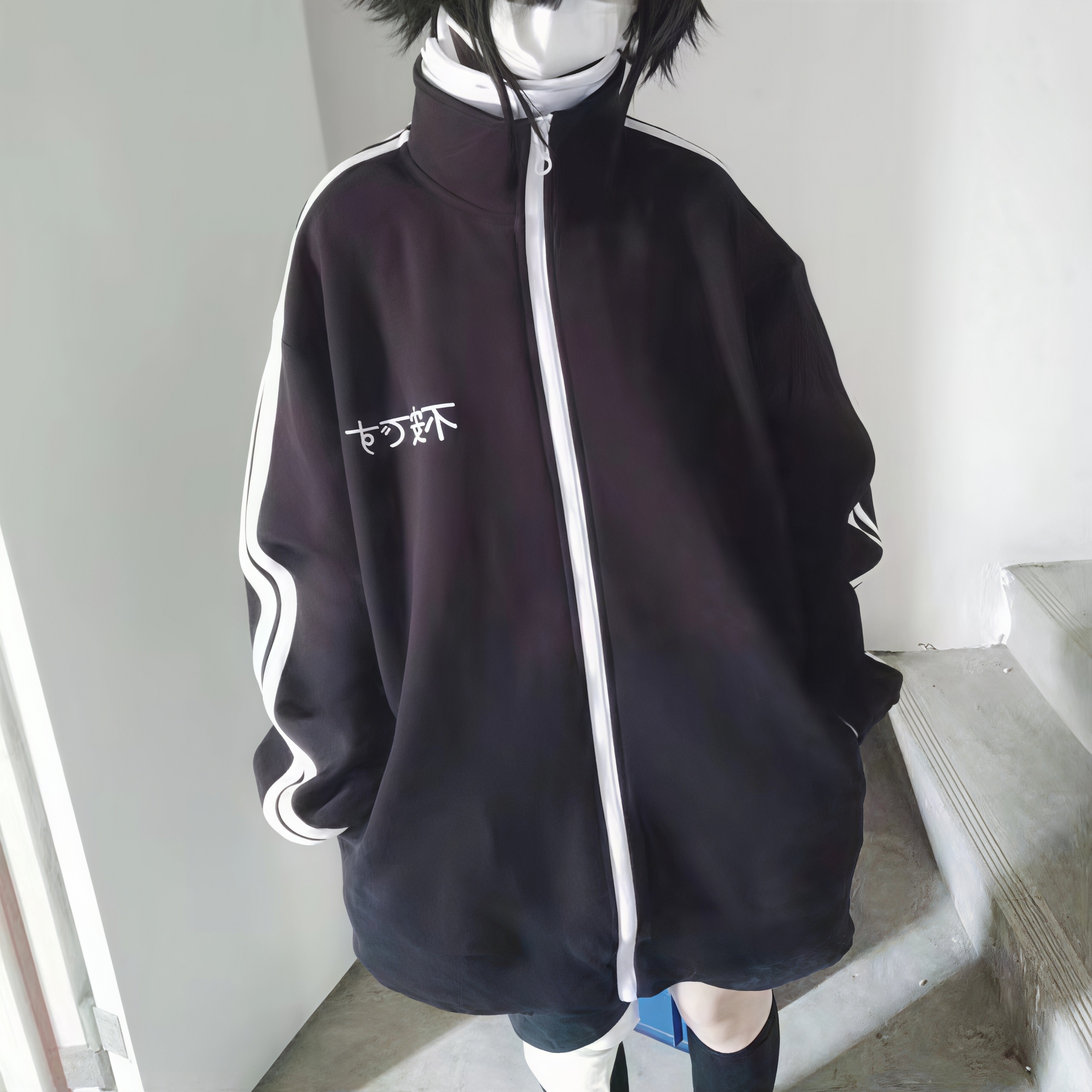 Veste zippée pour femmes, style Harajuku, imprimé japonais, col montant, manches rayées, coupe ample, décontractée, veste de sport.