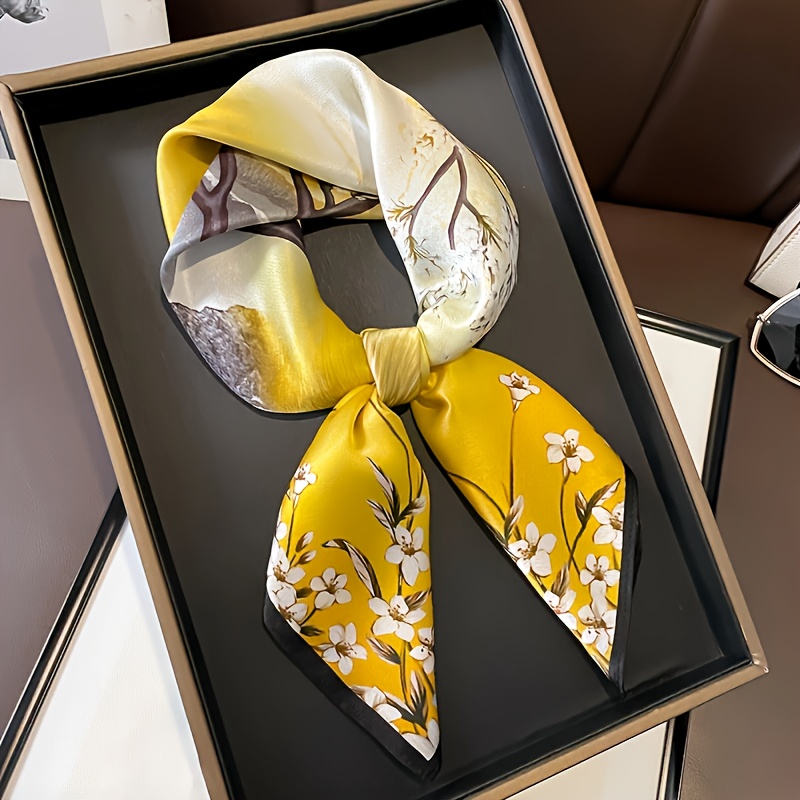 Écharpe carrée à imprimé Floral jaune de 27,56 pouces, avec bordure noire, accessoire élégant pour femmes, accessoire de mode, écharpe de cou