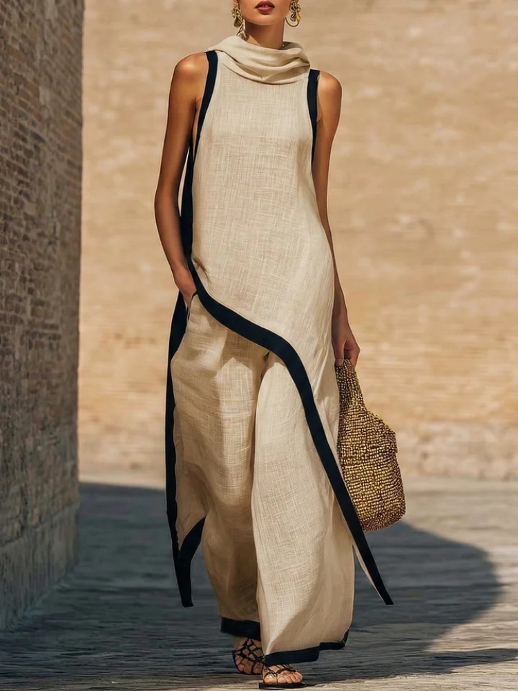 Ensemble deux pièces décontracté pour femme : haut asymétrique sans manches en lin contrastant et pantalon ample à jambes larges
