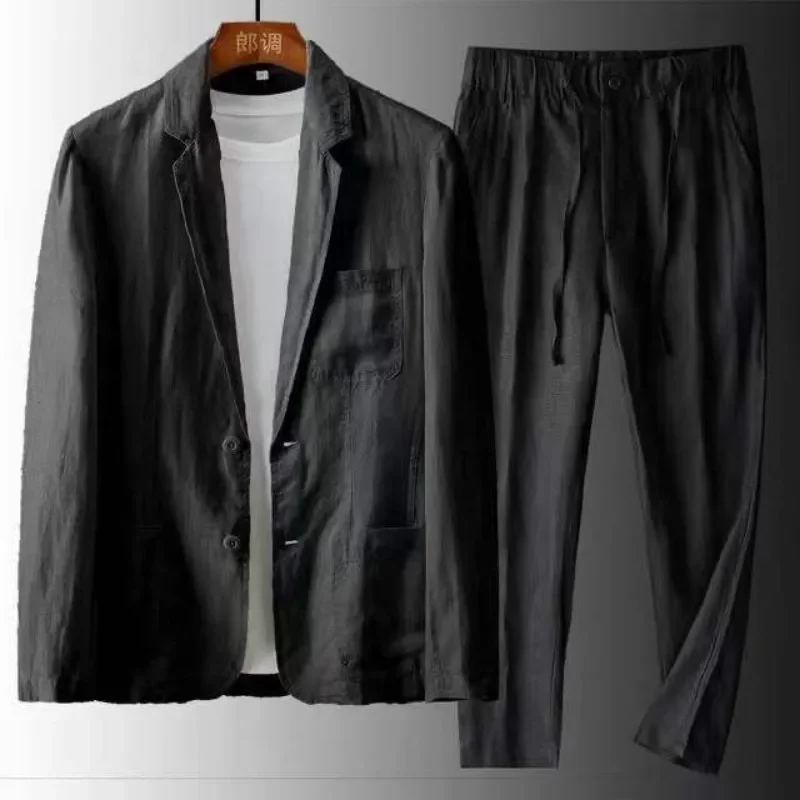 Ensemble deux pièces en coton et lin pour hommes, ensemble décontracté, veste Blazer + pantalon, vêtements fins d'affaires, costume respirant, printemps été
