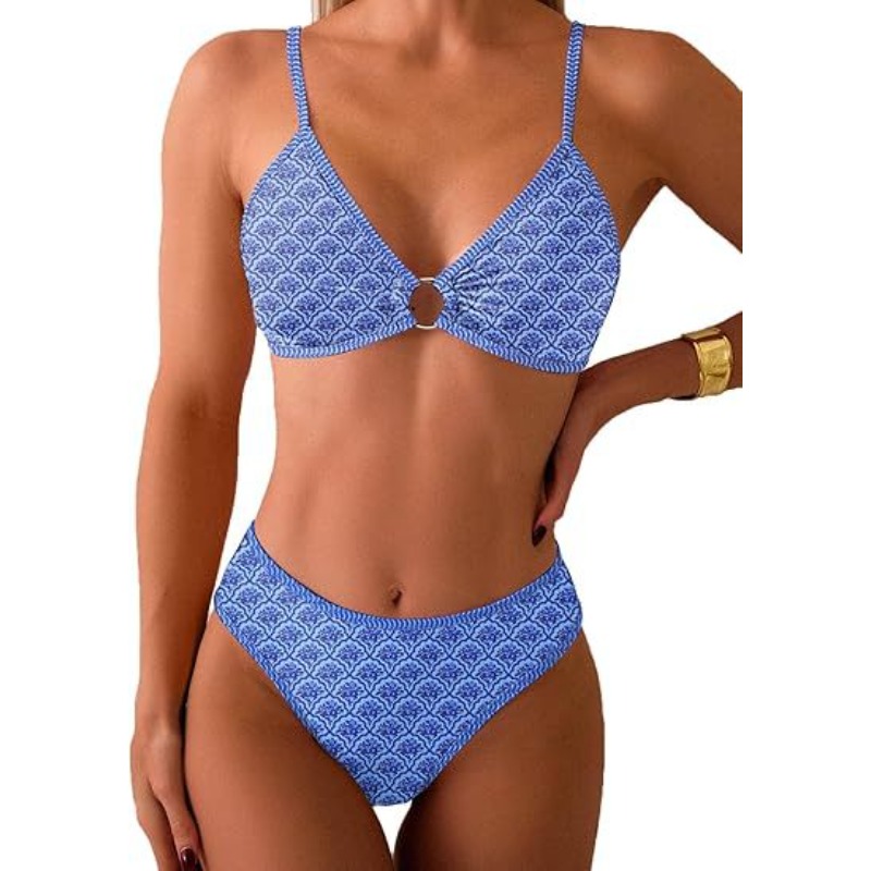 Ensembles de bikinis deux pièces pour femmes, haut à anneau en O, maillots de bain triangle à motif floral, mode été, tenue de plage deux pièces, maillot de bain